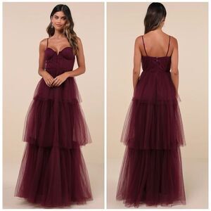 Lulus Unforgettable Poise Plum Purple Tulle Bustier Tiered Maxi Dress Large NEW